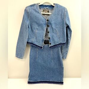 Vintage Express Jean Jacket and Skirt in blue denim and hearts trim